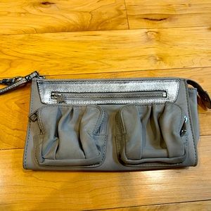 MZ Wallace Silver Bedford Nylon and Leather Abbey Zippered Wallet Wristlet